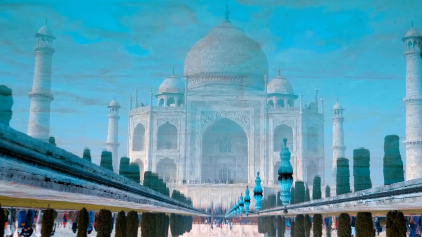 Taj Mahal - a mausoleum mosque, combines elements of Indian, Persian and Arab architectural styles, located in Agra, India, on the banks of the Yamuna River. Reflection from water surface