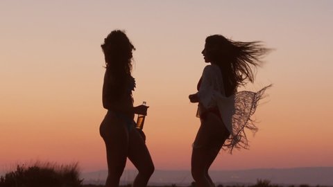 Young partying women in bikinis celebrating and having fun at summer desert music festival