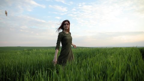 Romantic and carefree young woman in slow motion video walking on field wheat enjoying freedom and calmness on rural nature during vacations holidays. Incredible colorful sunset Stockvideo