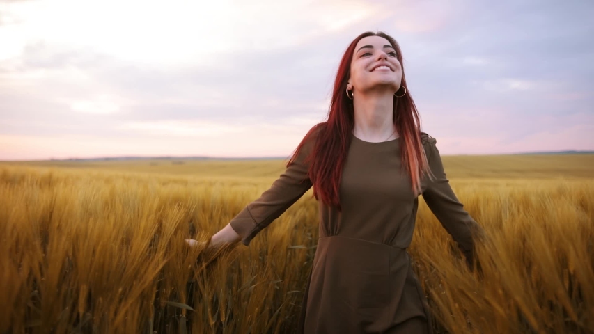 Romantic and carefree young woman in slow motion video walking on field wheat enjoying freedom and calmness on rural nature during vacations holidays. Incredible colorful sunset Royalty-Free Stock Footage #1030587512