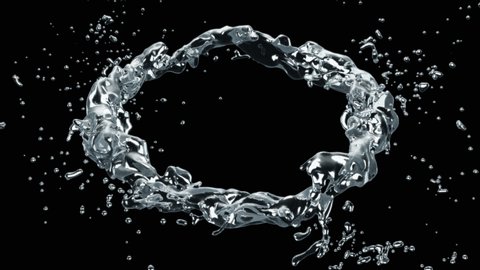 Water circle looping with reflections on black background, Water Splash Spinning flow, Liquid Wave shape from crystal nature water and bubble drop. Alpha matte, slow motion, rapid, seamless loop, cg.