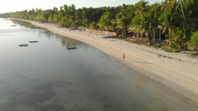 Drone flying high above a man walking along a beautiful tropical island beach at sunset