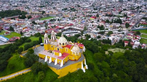 AERIAL: Circling the Great Pyramid of Cholula Church in Cholula, Mexico.