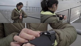 Collage of medium and close up shots of serious young mixed-race woman with ponytail in khaki jacket and black leggings setting up health tracker before working out on quay. Sport concept