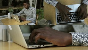 Collage of medium and close up shots of concentrated young Afro-american man in eyeglasses sitting in flat, working on laptop, typing. Top and side views. Work, communication concept