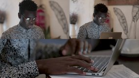 Collage of medium and close up shots of concentrated young Afro-american man in eyeglasses sitting in flat, working on laptop, typing. Work, communication concept