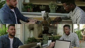 Collage of medium shots of handsome mixed-race man with beard and cheerful Afro-american man sitting outside, working together, typing on laptop, discussing project. Freelance, work concept