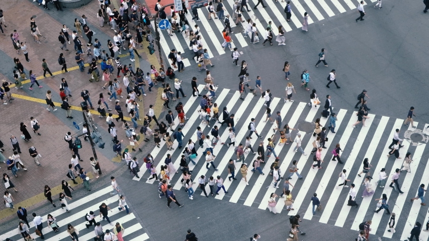 Aerial view of pedestrians walking at Shibuya Crossing. The scramble crosswalk is one of the largest in the world. Shibuya, Tokyo, Japan. Royalty-Free Stock Footage #1030603697