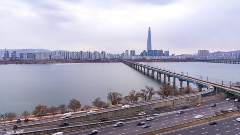 Time lapse Seoul Subway and Seoul City Skyline at Han river Seoul, South korea