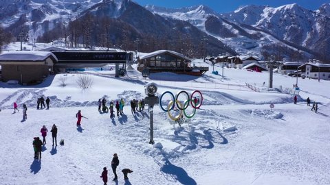 05 March 2019. Mountain ski resort with snow Rosa Khutor, Sochi, Russia. Symbol of the Olympics games near the hotel Rosa Khutor