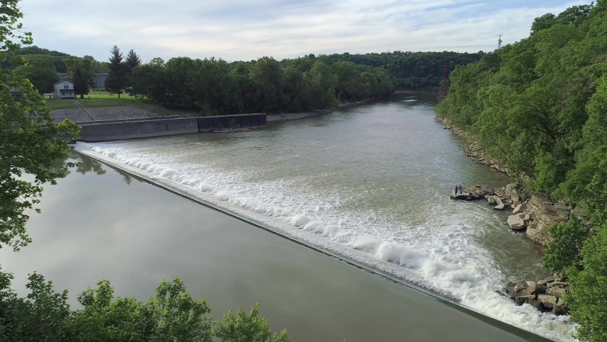 Beautiful aerial footage of the Kentucky River and a dam spillway in Frankfort Kentucky.
