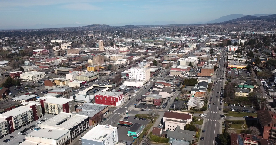 Aerial view Sahome to the Business District downtown city center core of Bellingham Washington