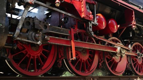 Detail of an old steam engine train locomotive. Nostalgic historical retro vintage technology background, 4k slow motion 스톡 비디오