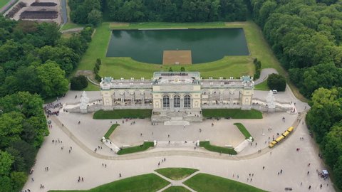 VIENNA, AUSTRIA, EUROPE - CIRCA 2017: Aerial view of gardens of Schonbrunn Palace (Schloss Schoenbrunn), former imperial summer residence and major tourist attraction in Vienna.