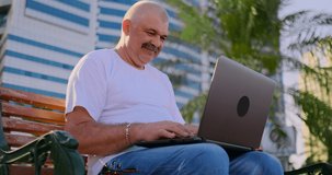 Senior man sitting in Park with laptop in summer and chatting