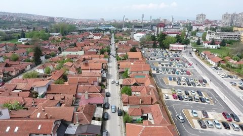 Aerial view of Serbian city of Nis in Serbia birthplace of Roman emperor Constantine one of the oldest European cities with houses buildings and river Nisava 