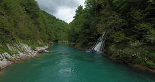 People on rafting,aerial footage. White water rafting on Tara river in Montenegro