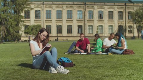 Diverse college students scoffing at clever girl in glasses sitting on lawn in loneliness with notebook. Young upset woman suffering from bullying ignoring mockery of stupid multi ethnic classmates.