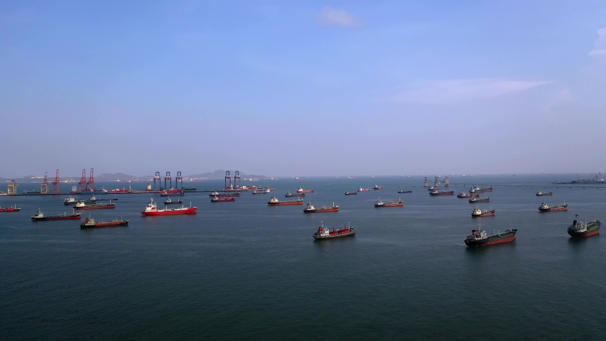 Aerial top view of the ship carrying the lpg and oil tanker in the sea port. For energy export and import business for transportation Royalty-Free Stock Footage #1030635050