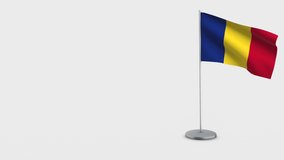 Romania waving flag animation on Flagpole. Perfect for background with space on the left side.