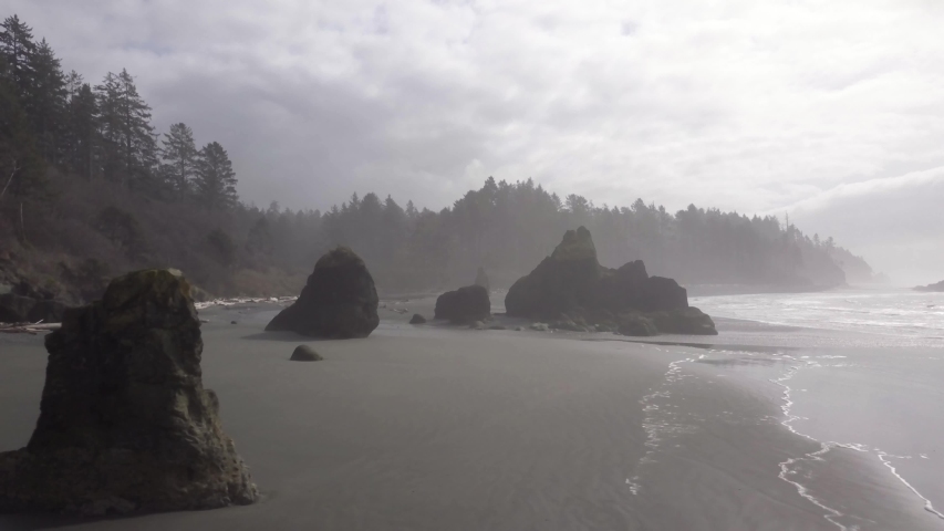 A swooping aerial of Ruby Beach in Washington State