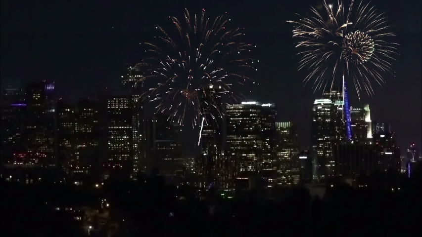 Fireworks exploding over downtown Los Angeles at night
