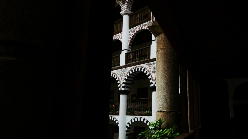 The exterior of Rila Monastery - the largest and most famous Eastern Orthodox monastery in Bulgaria