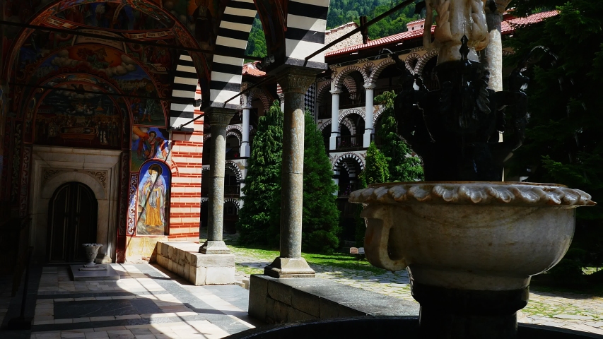 The exterior of Rila Monastery - the largest and most famous Eastern Orthodox monastery in Bulgaria