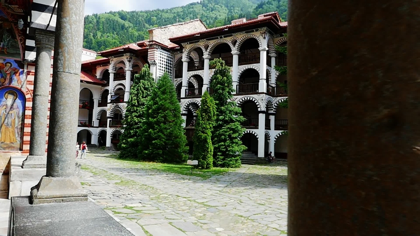The exterior of Rila Monastery - the largest and most famous Eastern Orthodox monastery in Bulgaria