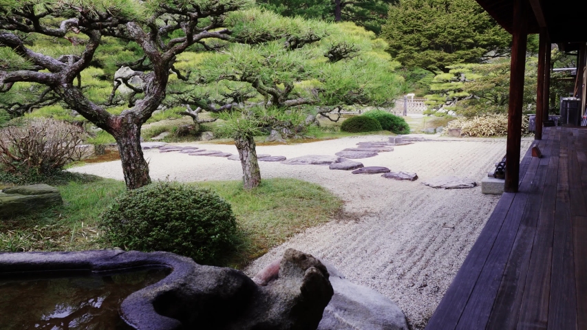 View the Japanese zen garden from the old tea room., Royalty-Free Stock Footage #1030666352