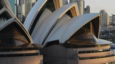 Sydney, Australia - May 2019: close up of Sydney Opera House, view from the harbour
