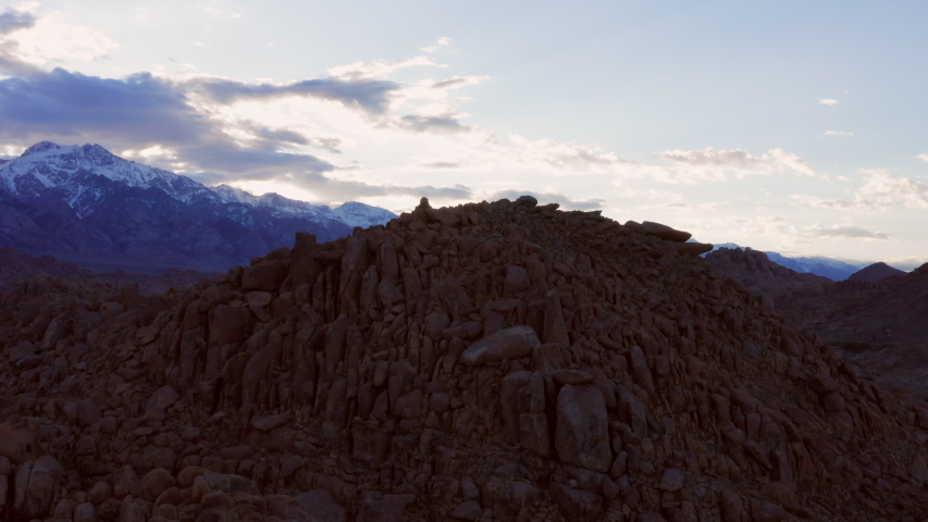 Sunset at the Alabama Hills near Lone Pine, California. With in the background the tallest mountain Mount Whitney. Aerial shot.