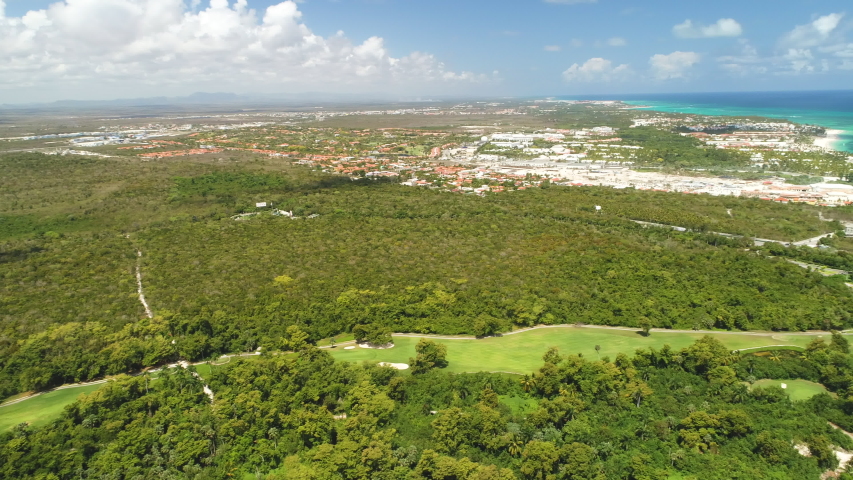 Aerial view of tropical Caribbean beach resort and golf course. Punta Cana, Dominican Republic
