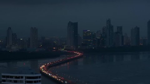 Panama City, Central America, view of Costa Del Este and Corredor Highway at night, with traffic jam of cars and vehicles