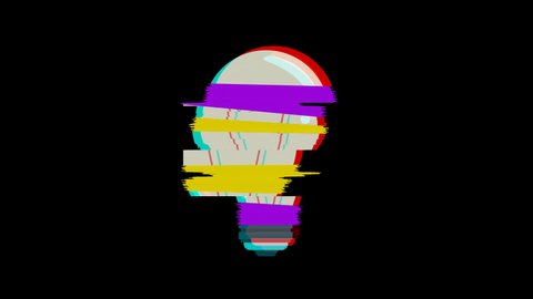 Cartoon animation of light bulb icon glitch loop 4k. Abstract Bulbs Background. Creative Idea Concept with light bulb turning on and off. leading and success concept. invention and innovation concept.