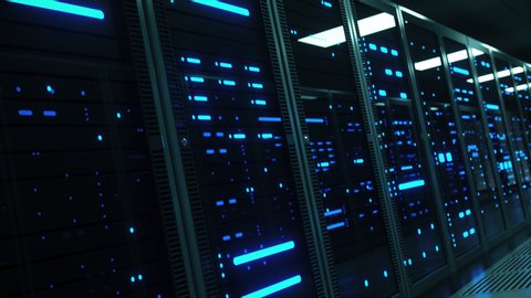 Powerful servers sit behind glass panels in a server room of a data center or ISP as the camera moves at an angled dolly shot, 4K high quality animation