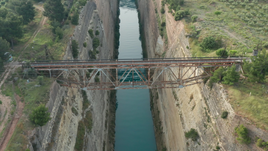 Bridge over Corinth Canal Aerial push shot over beautiful Greece location 4k