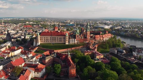 Aerial approach of the Wawel royal castle in Krakow, Poland.