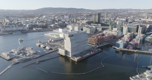 4K aerial video with pan motion of the Bjoervika district, the construction of the new Edvard Munch museum named Lambda and the Oslo Opera House and Theatre in the evening.