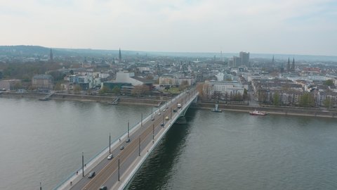 Aerial shot of the panorama of Bonn Kennedybucke Kennedy bridge and opera Bonn with the river rhine 30p