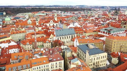 Prague Drone Aerial View with old town, Charles bridge and Prague castle. Panorama city view,  aerial of the city, view from above on the cityscape of Prague, flight over the Prague, Czech Republic