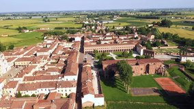 Aerial video of UNESCO World Heritage site Sabbioneta, a fortified planned renaissance city in Italy