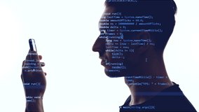 Double exposition of man programmer using smartphone with blue code on him. Concept development app for a smartphone. - Powered by Shutterstock - Get 15% off with code: PIKWIZARD15