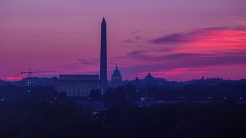 Sunrise over Washington D.C. with the Lincoln Memorial, Washington Monument, and Capitol Building