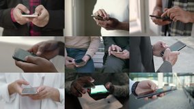 Collage of close up shots of male and female hands of different races working on phone, texting. Work, communication concept