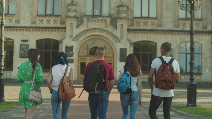 Back view of joyful multi ethnic friends walking towards college building in the morning for first lesson. Diverse multinational students going along campus alley to university together. Royalty-Free Stock Footage #1030736168
