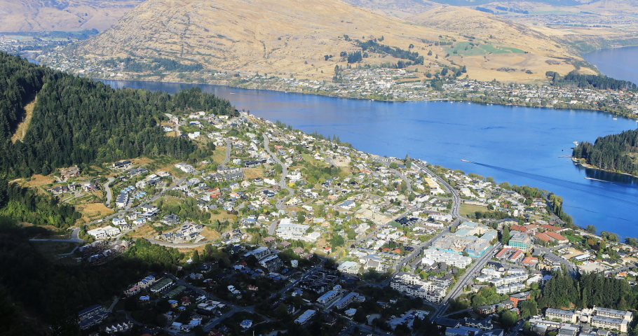 Town of Queenstown, New Zealand aerial view 4K