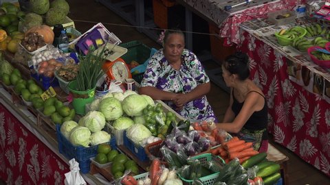 PAPEETE, TAHITI/FRENCH POLYNESIA - MARCH 28, 2019: Papeete fruit and vegetable market, Tahiti, French Polynesia