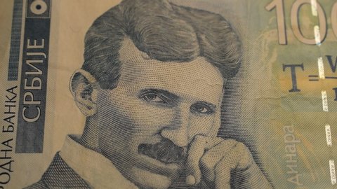 Portrait of Nikola Tesla from a Serbian banknote 