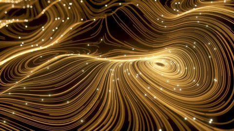 Digitalization Abstraction Waving Backdrop golden Blurred Animated of Particle and Line. Beautiful Universe Dust with Movement Stars. Virtual Space Elements with DOF. Lighting Balls Along Neon Curves